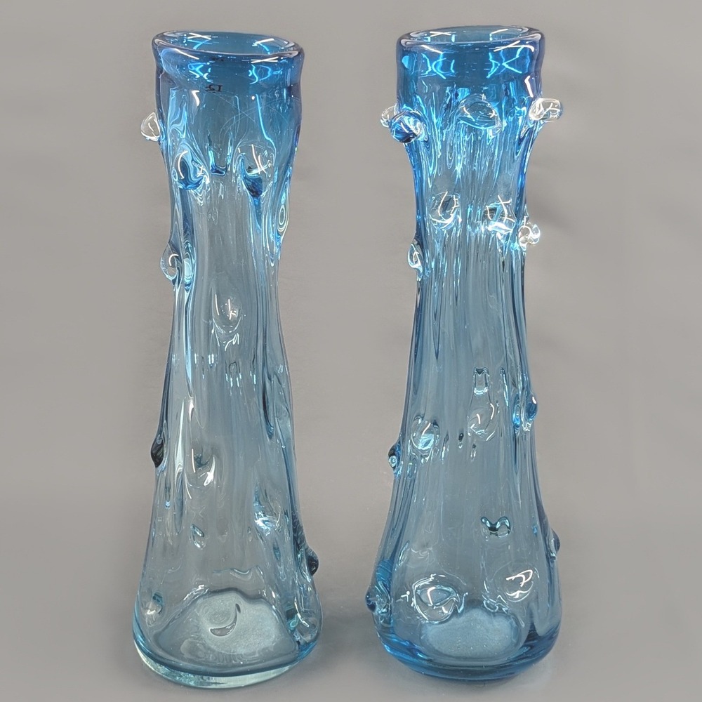 Vintage Blue Art Glass Bud Vases Set of 2 Bark Texture Applied Prunts 13.75in